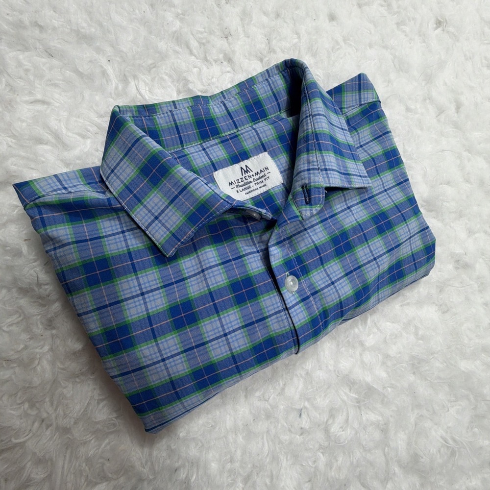 MIZZEN+MAIN Long Sleeve Button Down Shirt Mens Xl Blue Plaid Slim Fit Office EUC